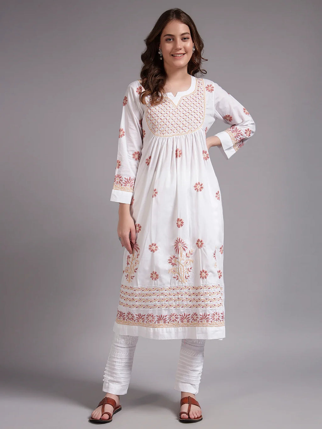 Ivory Bloom Cotton Chikankari A-Line Kurti for Women | Lucknowi Hand Embroidery