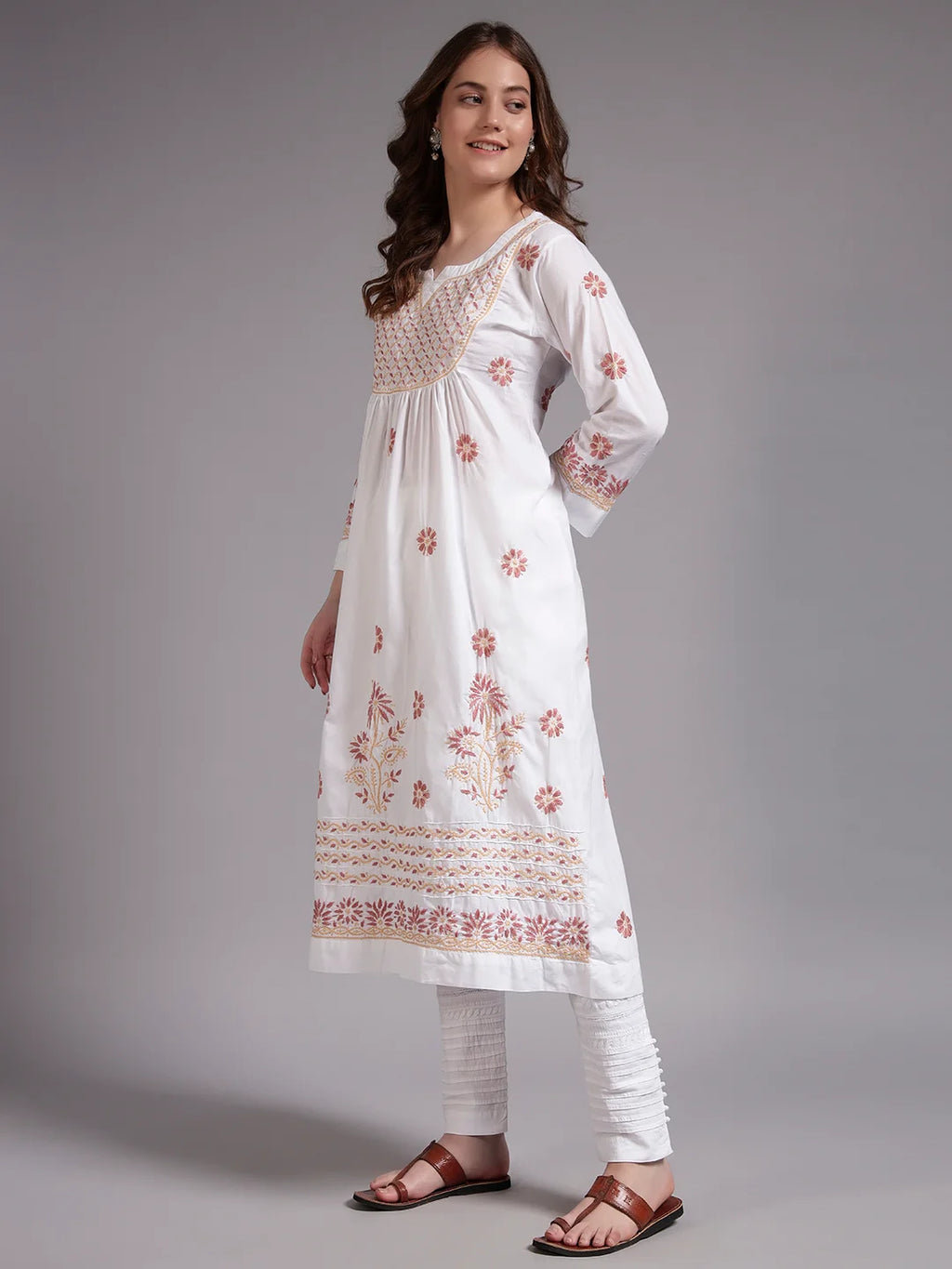 Ivory Bloom Cotton Chikankari A-Line Kurti for Women | Lucknowi Hand Embroidery