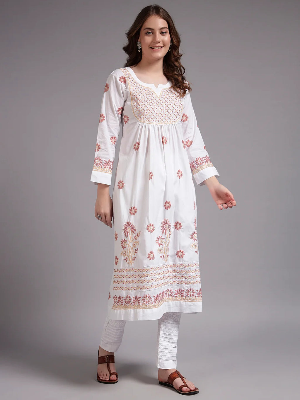 Ivory Bloom Cotton Chikankari A-Line Kurti for Women | Lucknowi Hand Embroidery