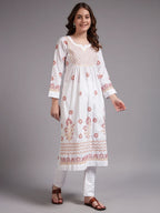 Ivory Bloom Cotton Chikankari A-Line Kurti for Women | Lucknowi Hand Embroidery