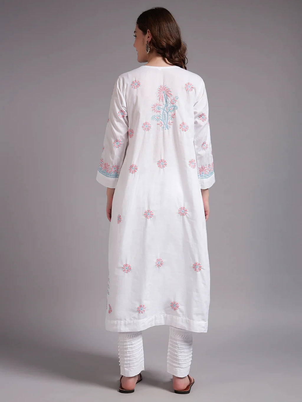Ivory Bloom Cotton Chikankari A-Line Kurti for Women | Lucknowi Hand Embroidery