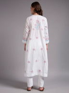 Ivory Bloom Cotton Chikankari A-Line Kurti for Women | Lucknowi Hand Embroidery