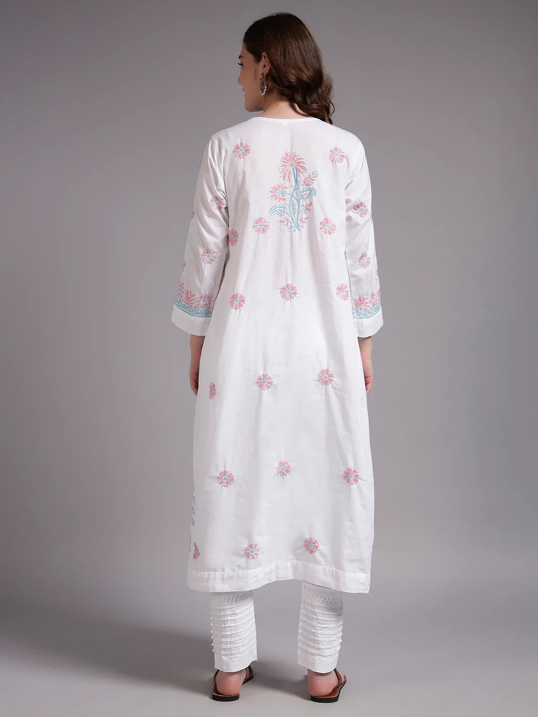 Ivory Bloom Cotton Chikankari A-Line Kurti for Women | Lucknowi Hand Embroidery