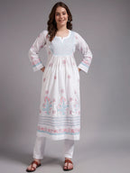 Ivory Bloom Cotton Chikankari A-Line Kurti for Women | Lucknowi Hand Embroidery
