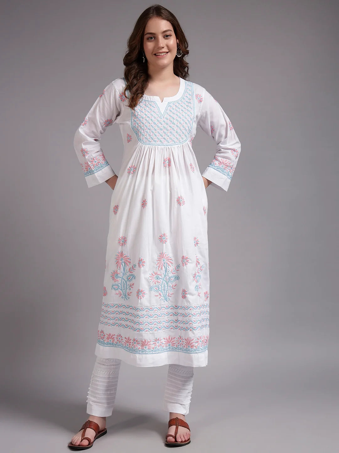 Ivory Bloom Cotton Chikankari A-Line Kurti for Women | Lucknowi Hand Embroidery