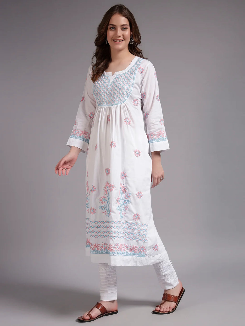 Ivory Bloom Cotton Chikankari A-Line Kurti for Women | Lucknowi Hand Embroidery