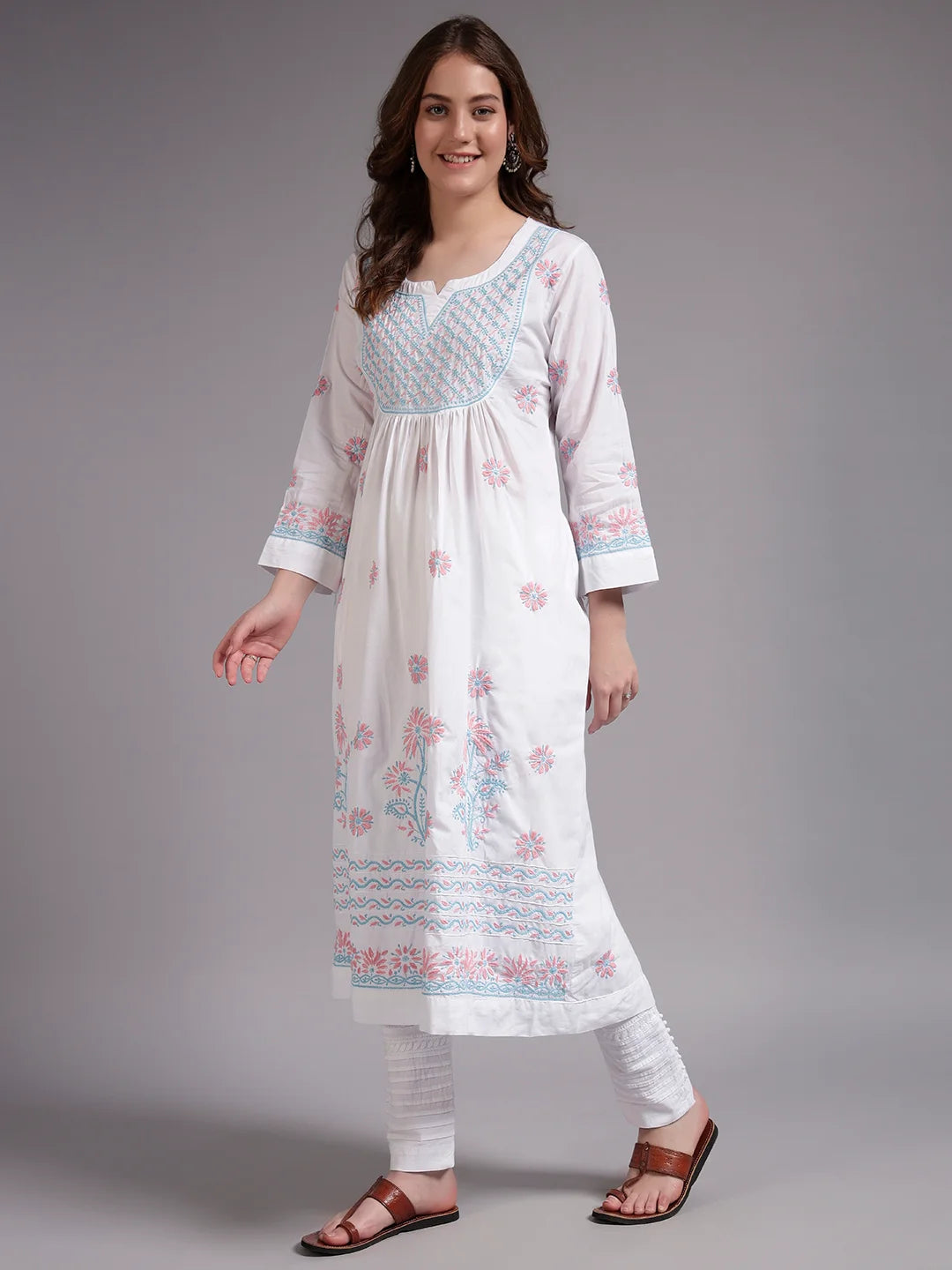 Ivory Bloom Cotton Chikankari A-Line Kurti for Women | Lucknowi Hand Embroidery