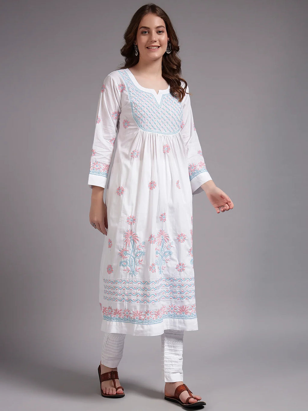 Ivory Bloom Cotton Chikankari A-Line Kurti for Women | Lucknowi Hand Embroidery