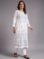 Ivory Bloom Cotton Chikankari A-Line Kurti for Women | Lucknowi Hand Embroidery