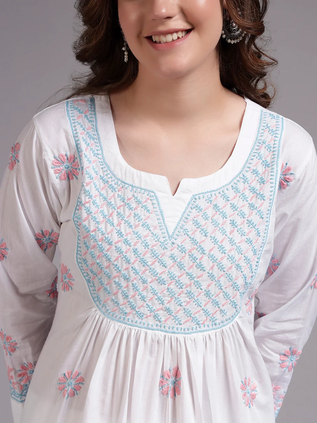 Ivory Bloom Cotton Chikankari A-Line Kurti for Women | Lucknowi Hand Embroidery