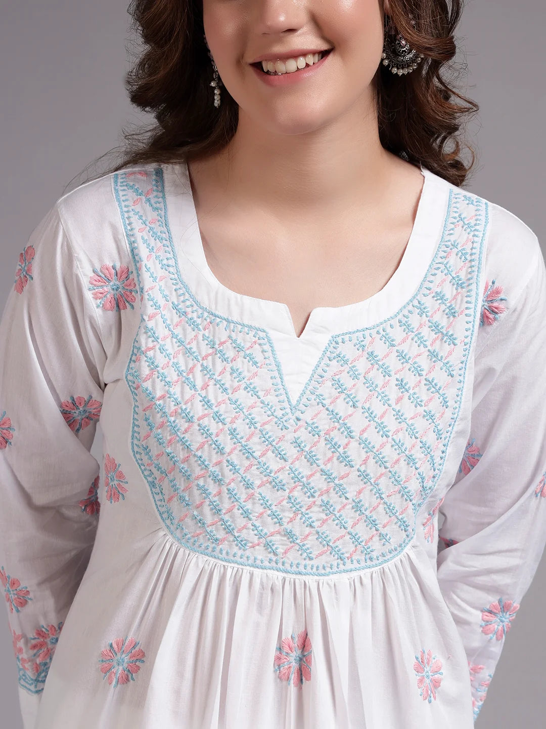 Ivory Bloom Cotton Chikankari A-Line Kurti for Women | Lucknowi Hand Embroidery
