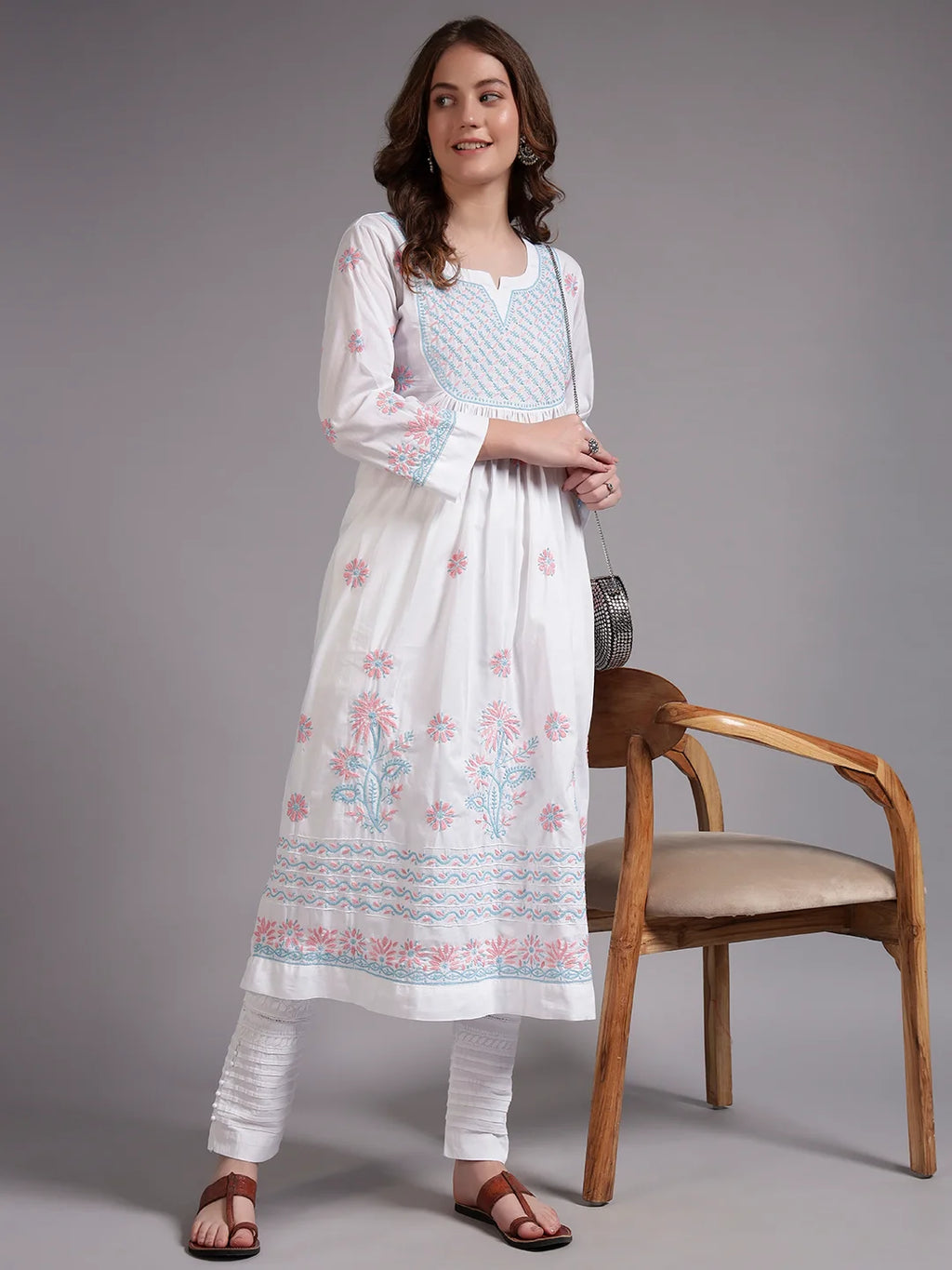 Ivory Bloom Cotton Chikankari A-Line Kurti for Women | Lucknowi Hand Embroidery