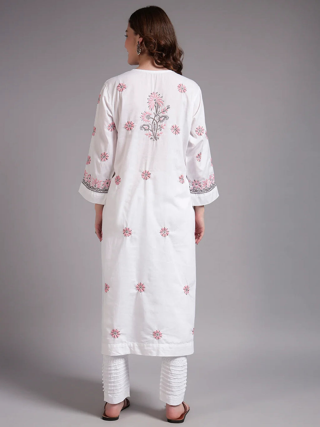 Ivory Bloom Cotton Chikankari A-Line Kurti for Women | Lucknowi Hand Embroidery