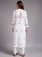 Ivory Bloom Cotton Chikankari A-Line Kurti for Women | Lucknowi Hand Embroidery