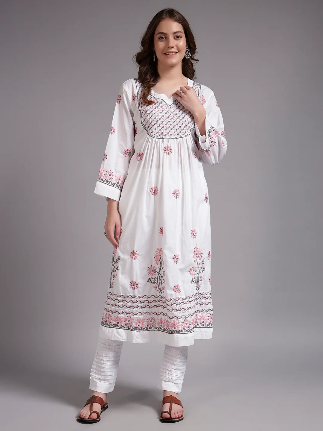 Ivory Bloom Cotton Chikankari A-Line Kurti for Women | Lucknowi Hand Embroidery