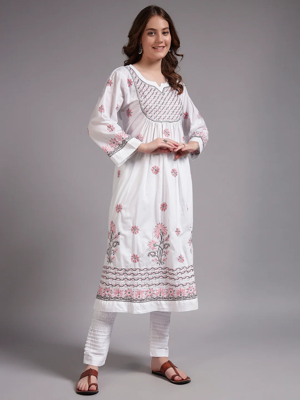 Ivory Bloom Cotton Chikankari A-Line Kurti for Women | Lucknowi Hand Embroidery
