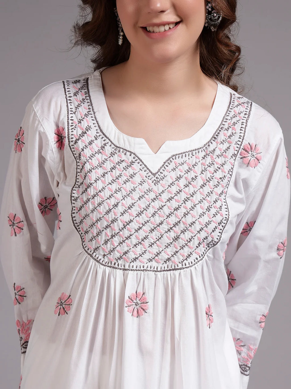Ivory Bloom Cotton Chikankari A-Line Kurti for Women | Lucknowi Hand Embroidery
