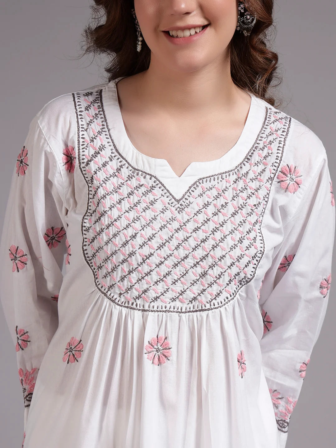 Ivory Bloom Cotton Chikankari A-Line Kurti for Women | Lucknowi Hand Embroidery