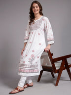 Ivory Bloom Cotton Chikankari A-Line Kurti for Women | Lucknowi Hand Embroidery