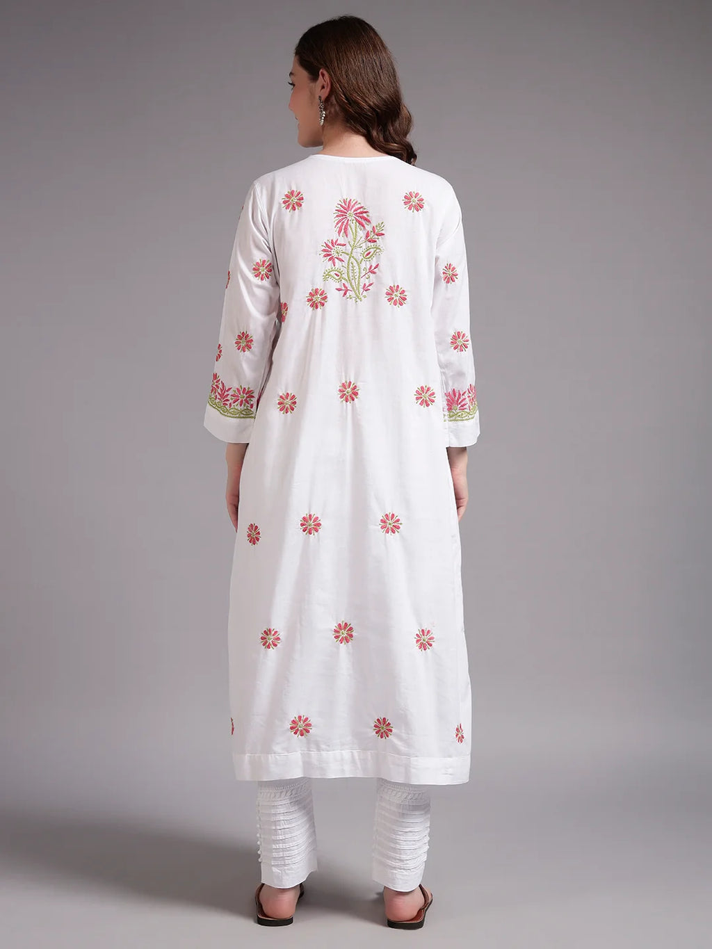 Ivory Bloom Cotton Chikankari A-Line Kurti for Women | Lucknowi Hand Embroidery