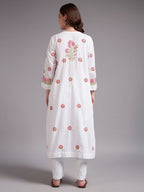 Ivory Bloom Cotton Chikankari A-Line Kurti for Women | Lucknowi Hand Embroidery