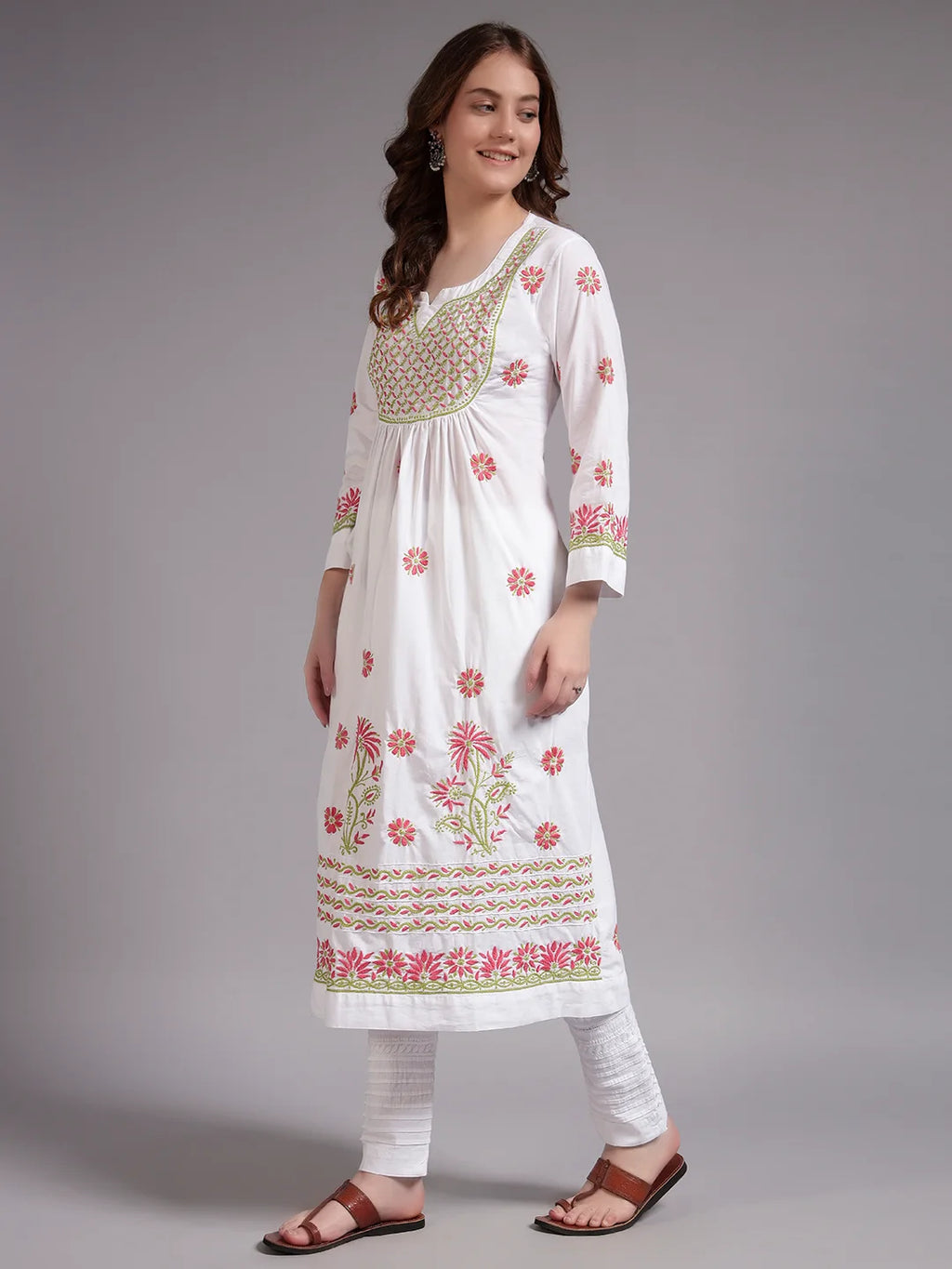 Ivory Bloom Cotton Chikankari A-Line Kurti for Women | Lucknowi Hand Embroidery