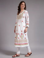 Ivory Bloom Cotton Chikankari A-Line Kurti for Women | Lucknowi Hand Embroidery