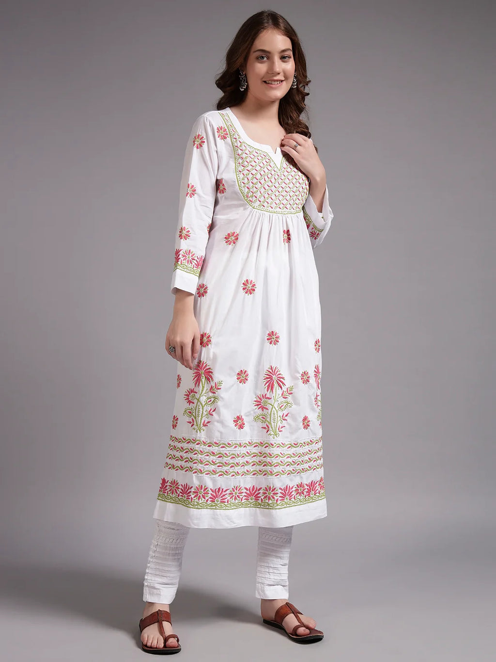 Ivory Bloom Cotton Chikankari A-Line Kurti for Women | Lucknowi Hand Embroidery