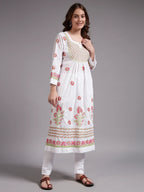 Ivory Bloom Cotton Chikankari A-Line Kurti for Women | Lucknowi Hand Embroidery