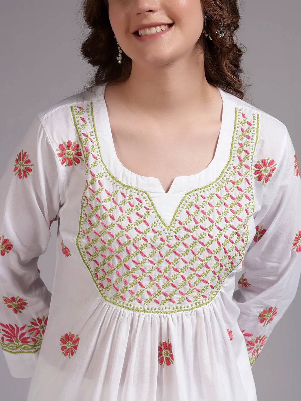 Ivory Bloom Cotton Chikankari A-Line Kurti for Women | Lucknowi Hand Embroidery