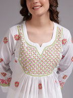 Ivory Bloom Cotton Chikankari A-Line Kurti for Women | Lucknowi Hand Embroidery