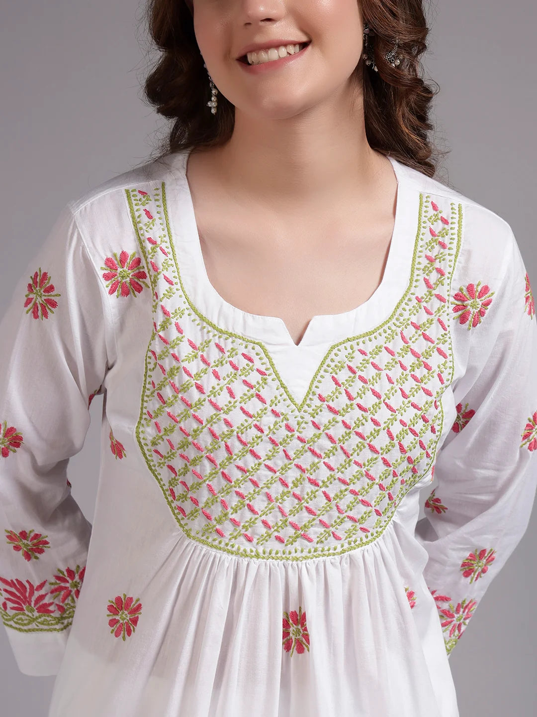 Ivory Bloom Cotton Chikankari A-Line Kurti for Women | Lucknowi Hand Embroidery