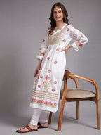 Ivory Bloom Cotton Chikankari A-Line Kurti for Women | Lucknowi Hand Embroidery