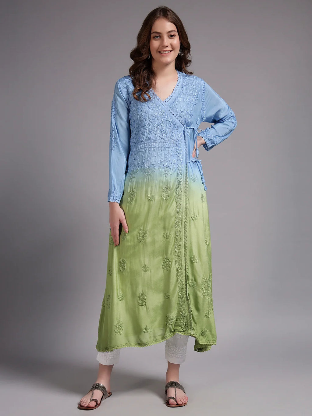 Premium Ombre Modal Angrakha Style Kurta for Women | Pure Handwork Embroidered Lucknowi Chikankari Ethnic Wear