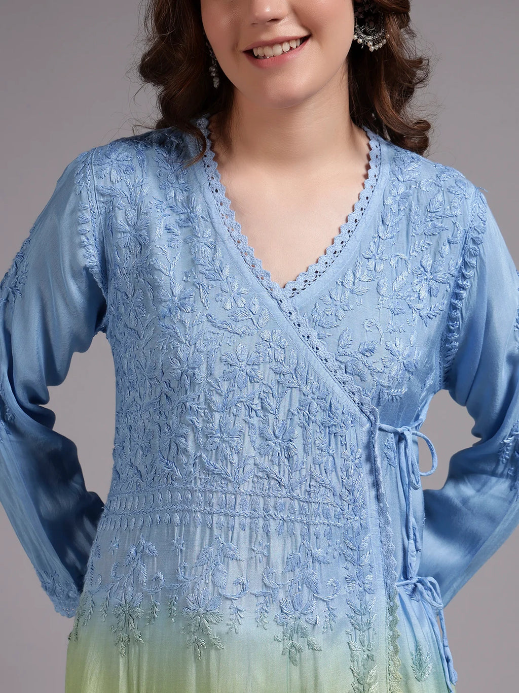 Premium Ombre Modal Angrakha Style Kurta for Women | Pure Handwork Embroidered Lucknowi Chikankari Ethnic Wear