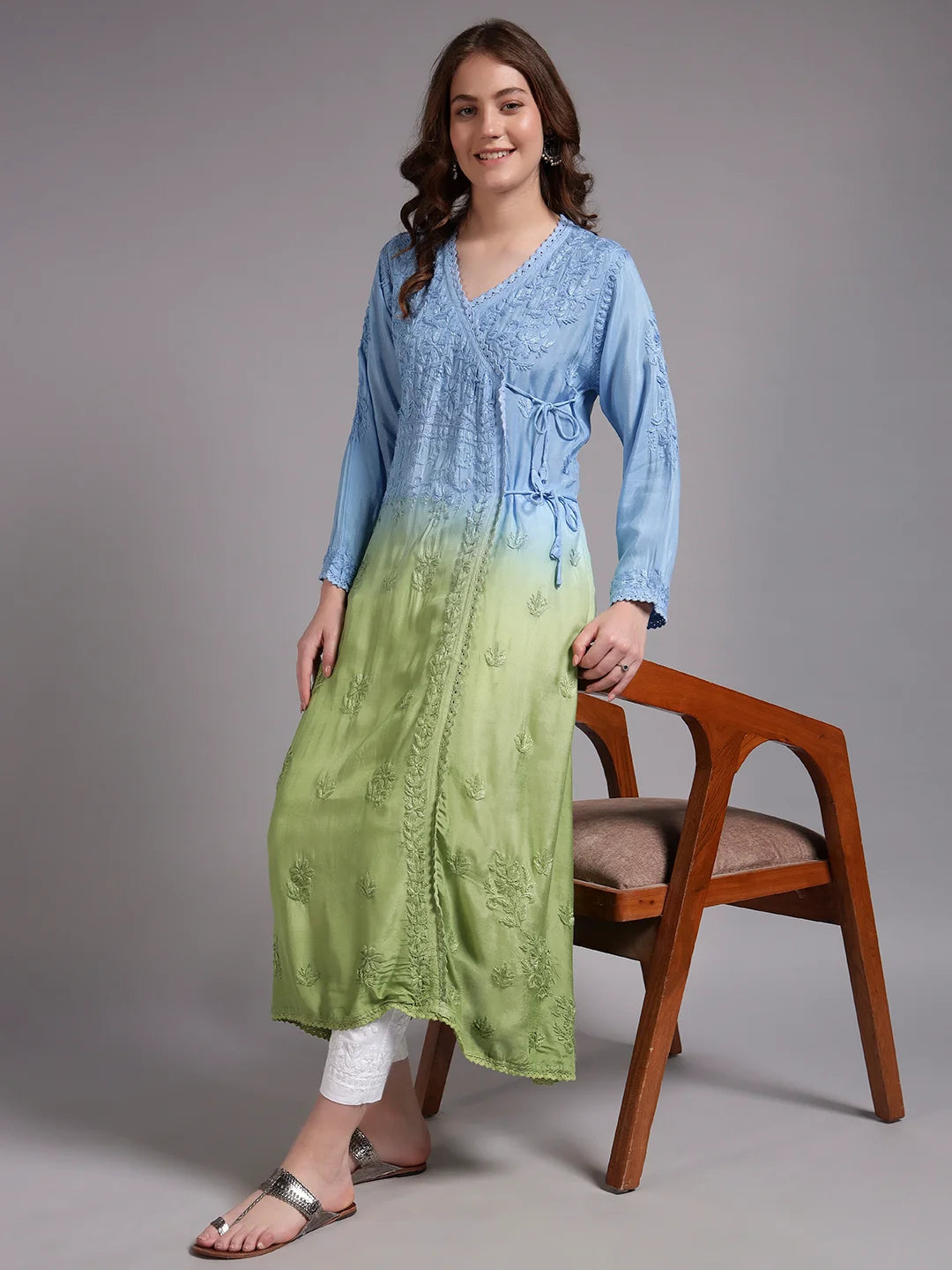 Premium Ombre Modal Angrakha Style Kurta for Women | Pure Handwork Embroidered Lucknowi Chikankari Ethnic Wear