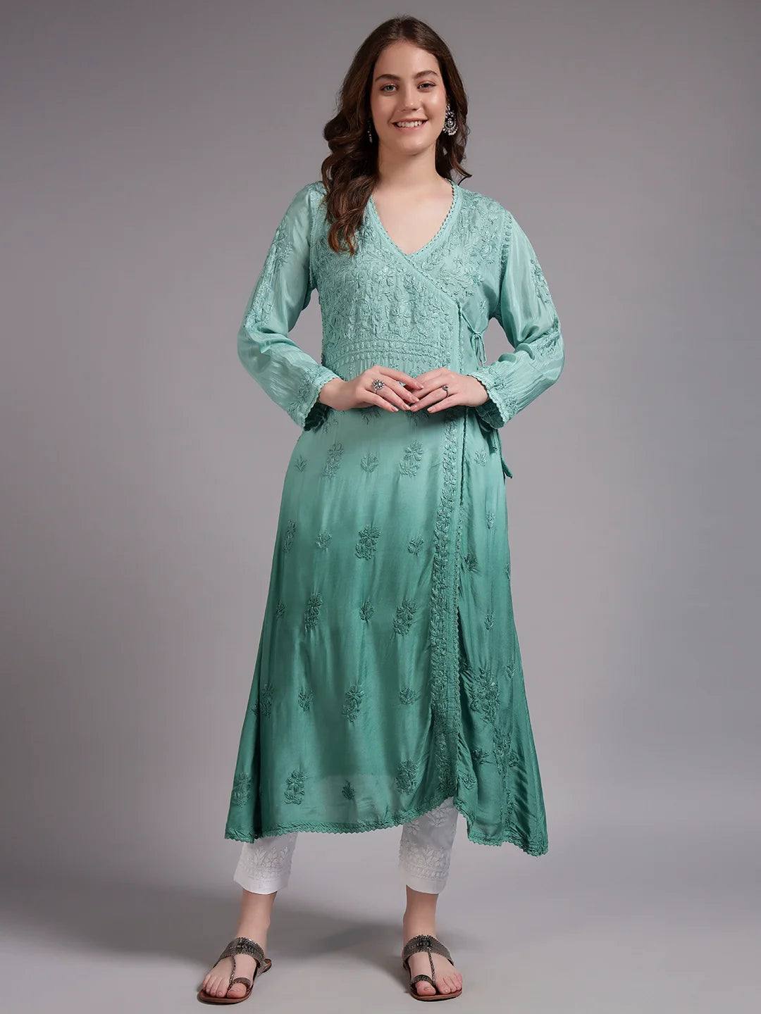 Premium Ombre Modal Angrakha Style Kurta for Women | Pure Handwork Embroidered Lucknowi Chikankari Ethnic Wear