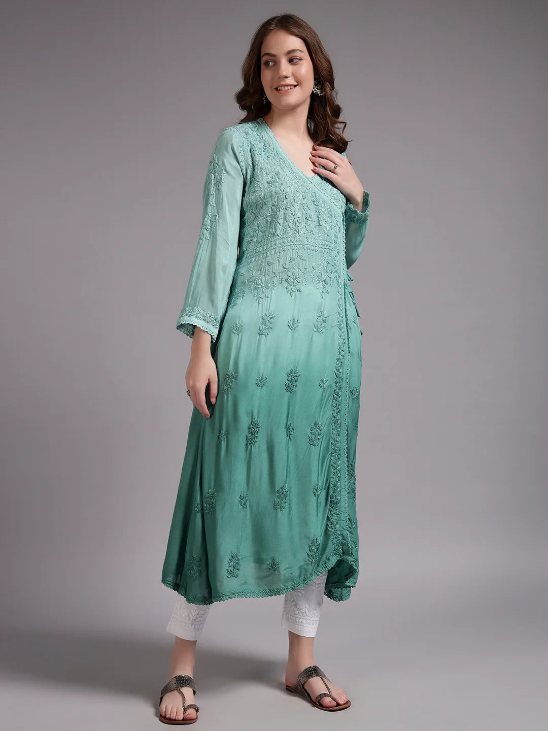 Premium Ombre Modal Angrakha Style Kurta for Women | Pure Handwork Embroidered Lucknowi Chikankari Ethnic Wear