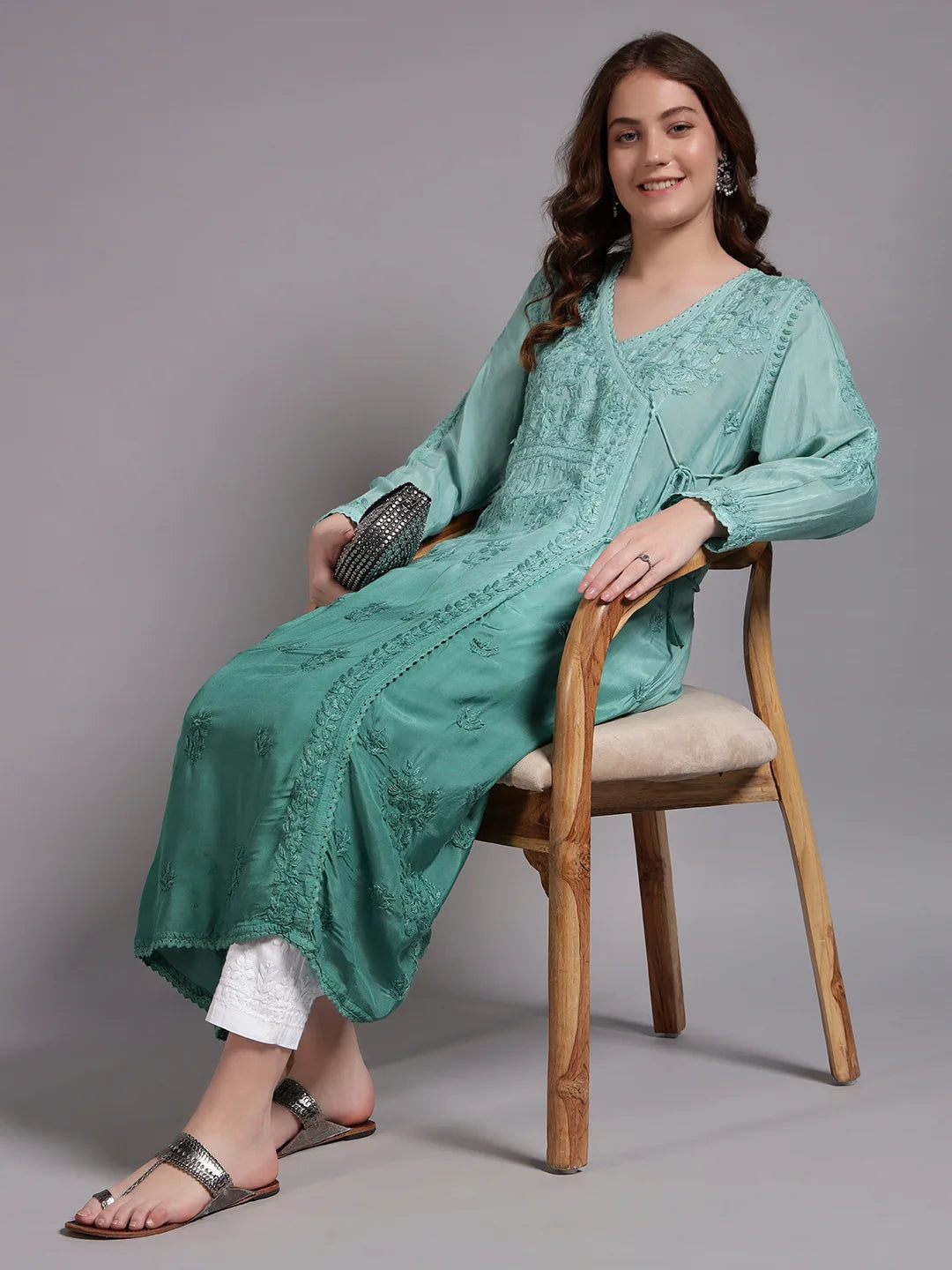 Premium Ombre Modal Angrakha Style Kurta for Women | Pure Handwork Embroidered Lucknowi Chikankari Ethnic Wear