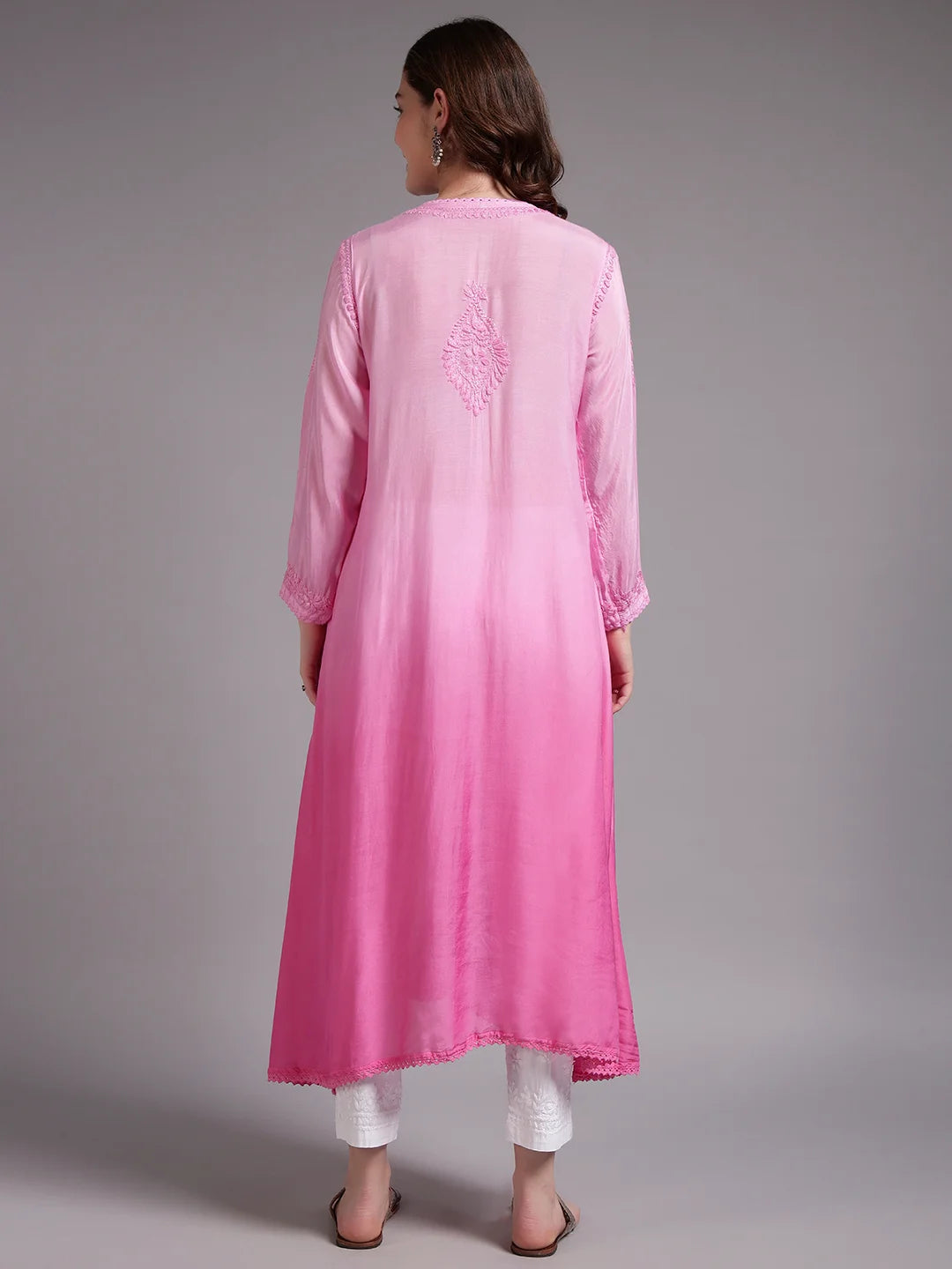 Premium Pink Modal Angrakha Style Chikankari Kurta for Women | Handcrafted Lucknowi Embroidered Ethnic Wear