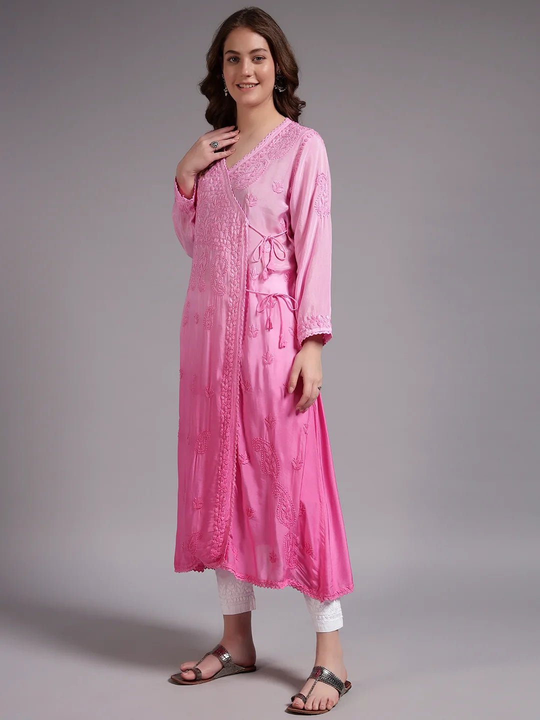 Premium Pink Modal Angrakha Style Chikankari Kurta for Women | Handcrafted Lucknowi Embroidered Ethnic Wear