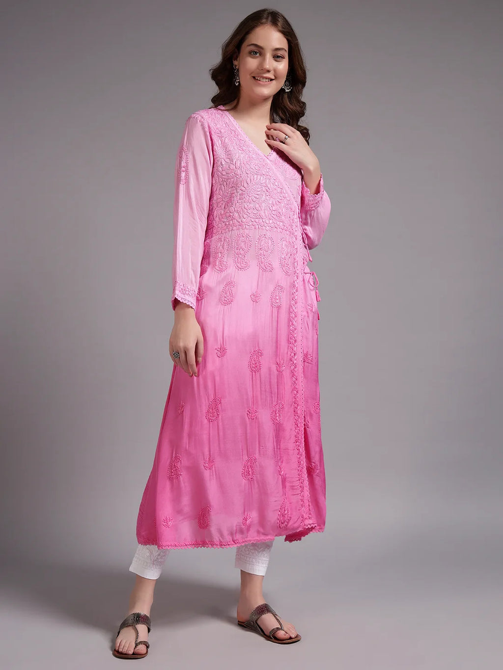 Premium Pink Modal Angrakha Style Chikankari Kurta for Women | Handcrafted Lucknowi Embroidered Ethnic Wear