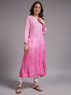 Premium Pink Modal Angrakha Style Chikankari Kurta for Women | Handcrafted Lucknowi Embroidered Ethnic Wear