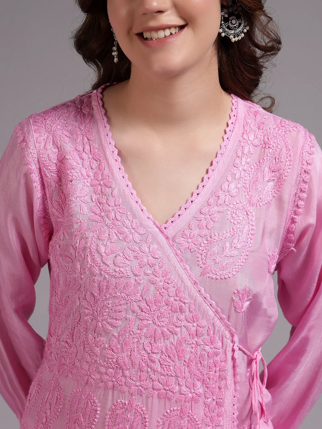 Premium Pink Modal Angrakha Style Chikankari Kurta for Women | Handcrafted Lucknowi Embroidered Ethnic Wear
