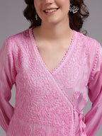 Premium Pink Modal Angrakha Style Chikankari Kurta for Women | Handcrafted Lucknowi Embroidered Ethnic Wear
