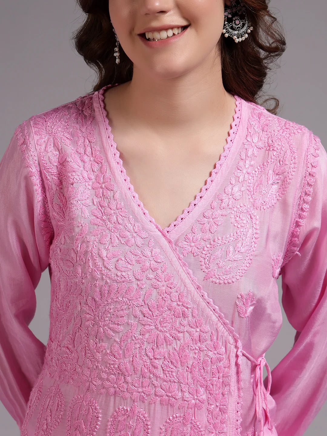 Premium Pink Modal Angrakha Style Chikankari Kurta for Women | Handcrafted Lucknowi Embroidered Ethnic Wear