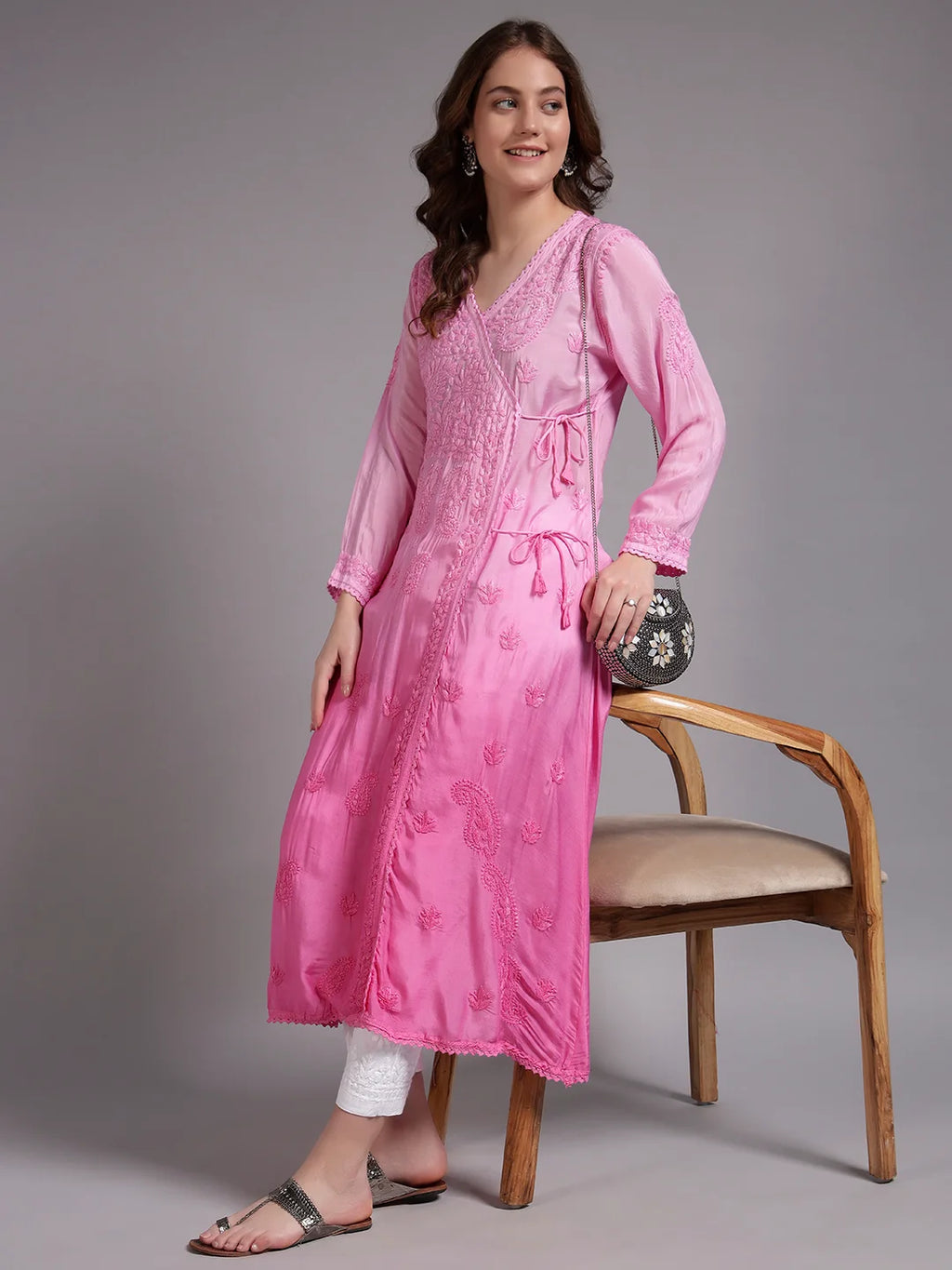 Premium Pink Modal Angrakha Style Chikankari Kurta for Women | Handcrafted Lucknowi Embroidered Ethnic Wear