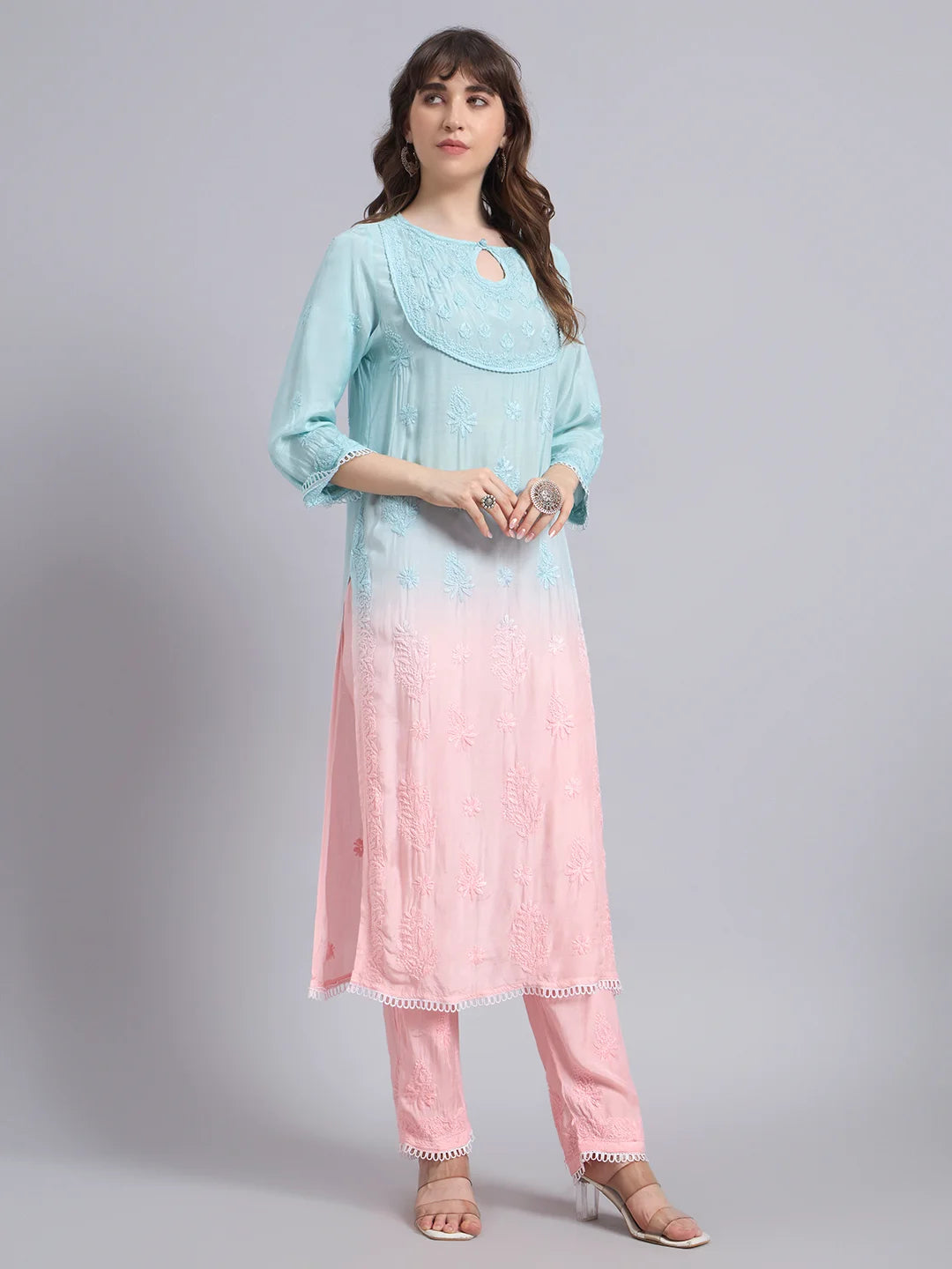Pastel Ombre Muslin Handwork Kurta Palazzo Set with Dupatta for Women | Luxury Designer Ethnic Wear