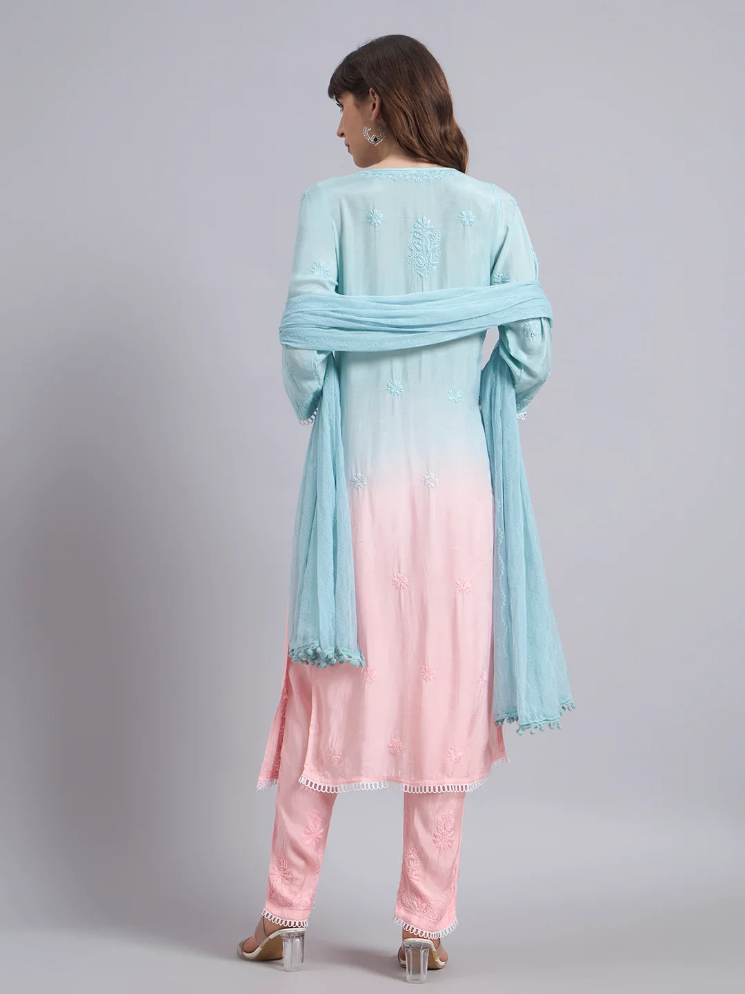 Pastel Ombre Muslin Handwork Kurta Palazzo Set with Dupatta for Women | Luxury Designer Ethnic Wear