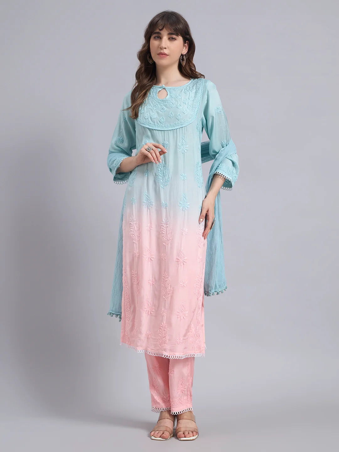 Pastel Ombre Muslin Handwork Kurta Palazzo Set with Dupatta for Women | Luxury Designer Ethnic Wear